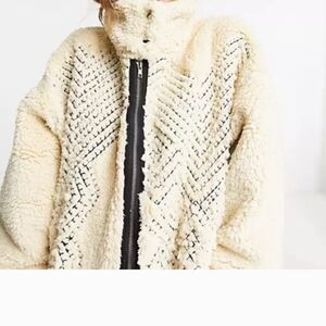 Free People Avery Embroidered Black Design Faux Sherling Oatmeal/ Cream Coat